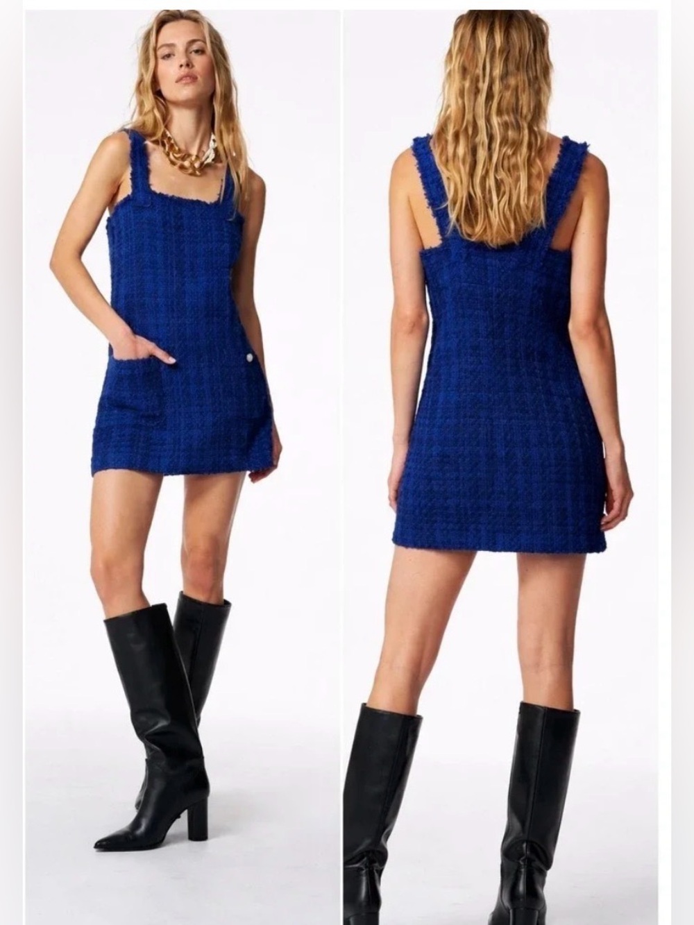 Zara blue tweed pinafore textured dress small